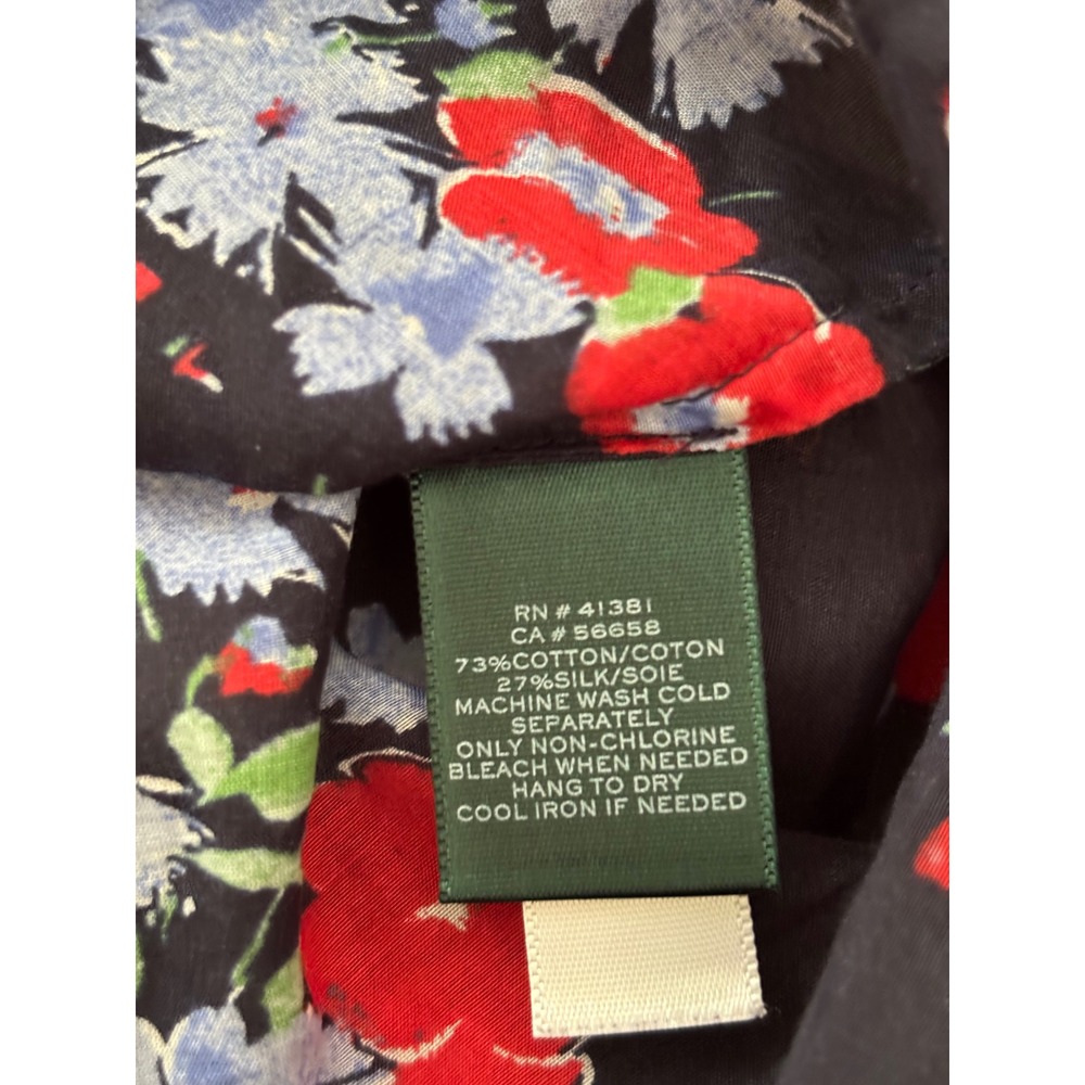 Lauren Ralph Lauren Silk Blend Floral Poppy‎ Button Down Shirt Navy Red Blue L - Picture 7 of 7